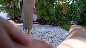 Step mom helps step son quick cum public