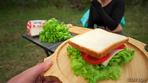 Hey, hungry stranger, suck my dick for this sandwich, he says in pov.