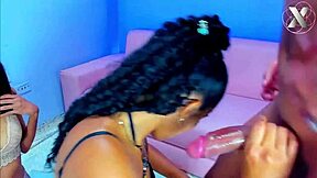 Skinny latina college girls take turns giving blowjobs in dirty group lesbian action