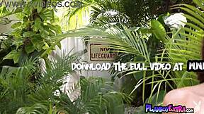 smoking hot brunette teen barbie ann strips by the pool