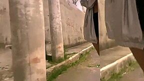 Showing off my little pussy and small tits in public with a miniskirt and no panties