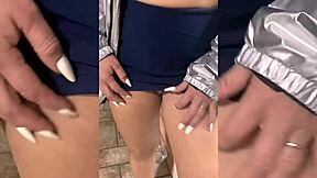 Showing off my little pussy and small tits in public with a miniskirt and no panties