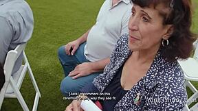 Asian girl caught riding big black cock at party, boobs bouncing.