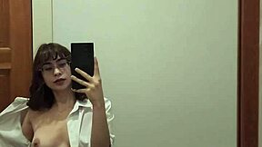 Cute teen strips and rips clothes to show shaved pussy