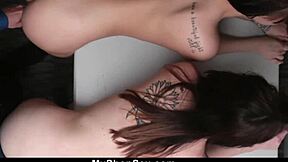 Two female thieves got caught and brought in for questioning by police, crying as they get dominated.