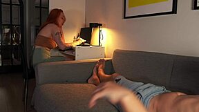 Nerdy redhead reveals tits sucking