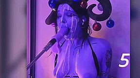 The devil says, 'I'm filled with cum and passionately giving blowjobs with my toes and vibrator'