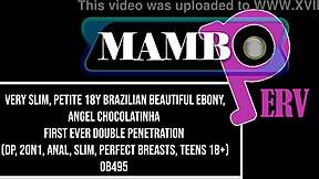 slim ebony angel chocolatinha tries first double penetration with big cocks.