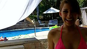 Lexi Bloom tied up by pool gets hard fuck and cum facial