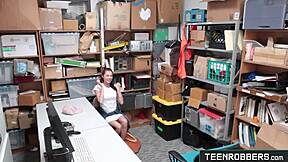 Shaved Teen Shoplifter Punished by Creepy Guard's Fuck