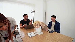 Horny milf rides monster cock in cowgirl and spooning positions with two guys.