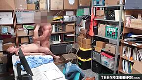 Shaved Teen Shoplifter Punished by Creepy Guard's Fuck