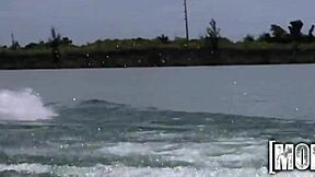 Hot threesome sucking cocks on the seadoo outdoors