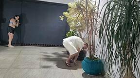 risky sex with neighbor in garage while cuckold bathes