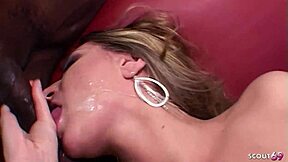 First time threesome for skinny girl with glasses.