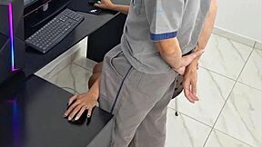 Housewife in lingerie receives technician with blowjob and dirty talk for huge cum.