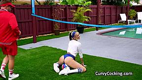 volleyball chick makes trainer's dick hard then rides it