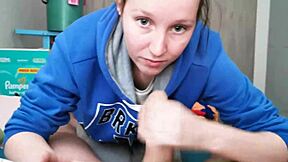 Brunette In Hoodie Gives Intense Blowjob