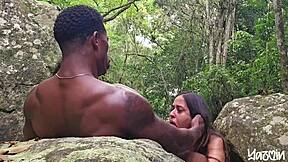 Fucking passionately in the waterfall with big tits Asian