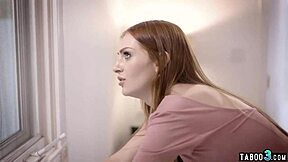 I spy on the petite redhead teen and prey on her ass while her family's away