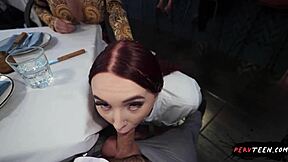 Sneaky waitress fucks me in restaurant, but we get caught?