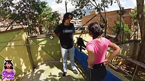 colombian submissive with small tits suggests training outside with tall guy's monster cock cum on tits cardio lesson