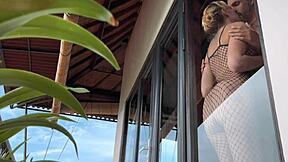 Hot babe in fishnets gets intense doggystyle quickie recorded