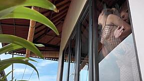 Hot babe in fishnets gets intense doggystyle quickie recorded