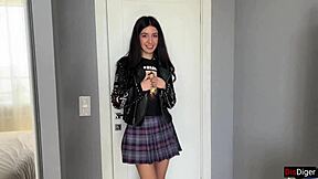 Skinny brunette babe in miniskirt gets anal doggystyle on street for shawarma.