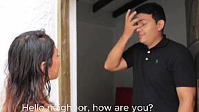 The big titted neighbor fucks the guy while his wife is away.