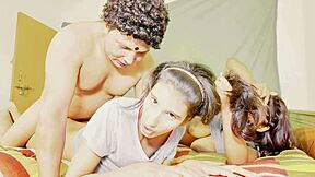 ffm threesome with tall petite babes assfucking and squirting on lucky guy