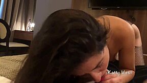 sexy babe in shiny pantyhose gives kinky blowjob with tongue on ass and cock.