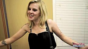 I watch petite blonde Myaa get fingered while giving a footjob.