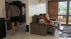 Housewife Blows Friend While Husband Cooks!