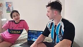 Pretty blonde nymph teases riding muscular bodybuilder's big cock!