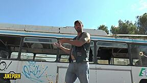 Skinny brunette with big tits gets fucked on the bus