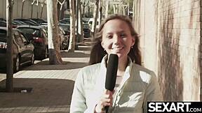 Flawless petite model strips in heels, fingers clit to multiple intense orgasms during casting interview