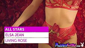 Petite blonde teen muse elsa jean strips lingerie among red petals revealing skinny pussy and tits naked.