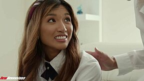 asian college slut in miniskirt rides cowgirl on daddy's huge cock after blowjob