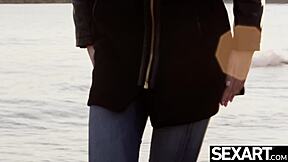 Stunning brunette babe starts with striptease and fingering her shaved pussy. She uses dildo for close-up orgasm while clothes get ripped in solo masturbation.