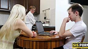 Slim blonde and stepbrother end up with unplanned sex after dinner in fantasy reality.