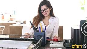 clothed latina teen in glasses bent over for hardcore doggystyle with monster cock cumshot