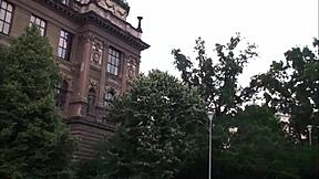 two guys picked up this cute teen girl and fucked her outdoors right by the famous statue in the city center.