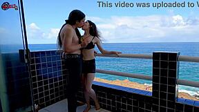 Having Fun On The Terrace In Front Of The Ocean! Amateur Teen Babe With Big Ass And Tits Gives Handjob And Flashing In Public!