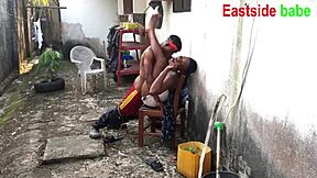 Horny ebony BBW feels sweet creampie in wet pussy during raw outdoor fucking