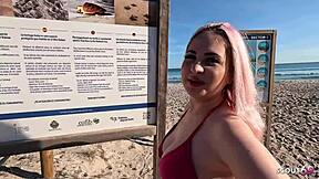 German teen Maria Gail gets risky public anal fucked doggystyle by stranger on the beach with deepthroat and facial cumshot