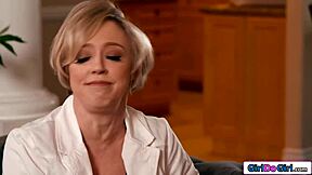 Big boobs milf stepmom enjoys licking and tribbing with petite shaved teen's small tits in lesbian fun