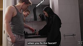 Bathroom sink fix turns into homemade fucking with cute tattooed teen moaning on big cock until creampie