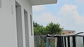 Come watch me fuck Tommy Cabrio on the balcony with neighbors staring! Muscular bodybuilder with fake tits orgasms outdoors.