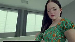 Stepdaughter with long legs and natural tits talks dirty to stepdad about her huge breeding fetish in pov.